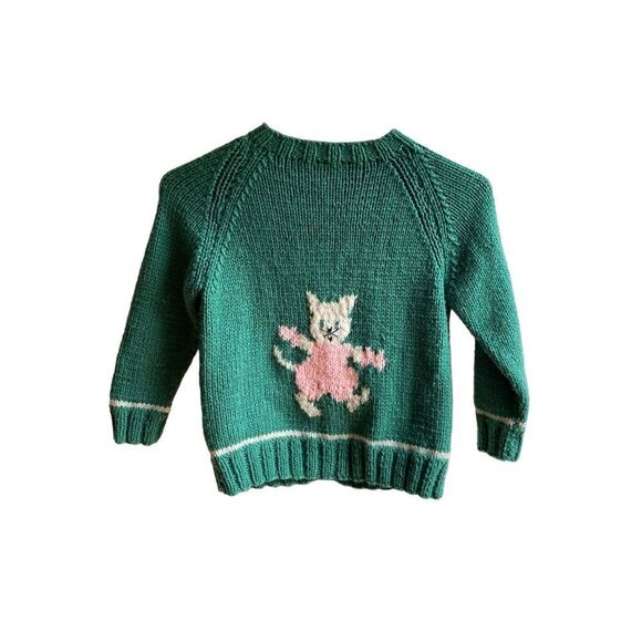 Vtg handmade girls button down cardigan heart and cats green - Picture 3 of 4